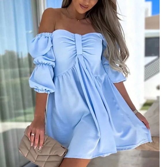 Boho Baby Blue Off Shoulder Balloon Sleeve Mini Dress - Picture 1 of 3